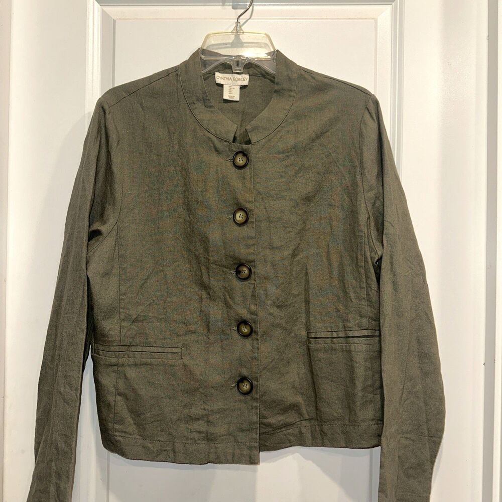 CYNTHIA ROWLEY Women Large Linen Shirt Jacket Lagenlook Olive Work Button